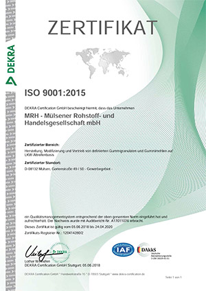 MRH ist ISO 9001:2008-zertifizierter Hersteller von Gummimehlen und Gummigranulaten